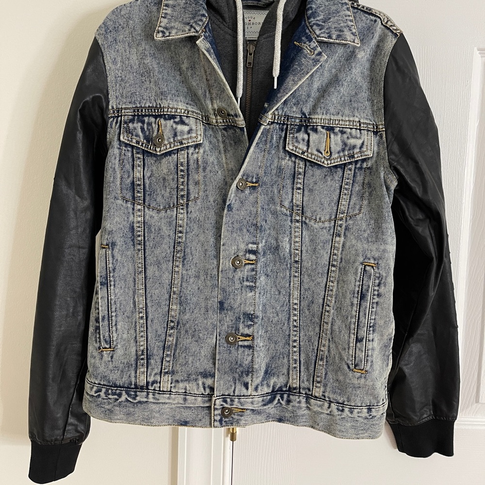 Jean Jacket with Hoodie and Faux Leather Sleeves